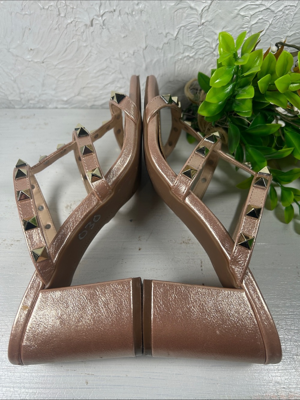 Adrienne Vittadini Metallic Rose Gold Studded Strappy Slide In Block Heel Sandal - Picture 7 of 12